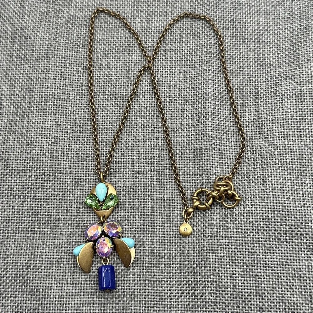 J CREW Antique Brass Glass Rhinestones flowers pendant, necklace‎ # 77